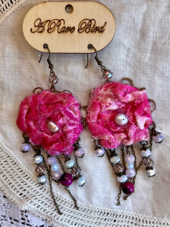 A Rare Bird Jewelry - A Rare Bird Pink Floral Drop Earrings with Bead and Chain Fringe